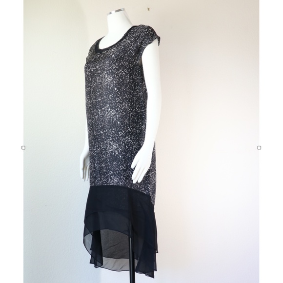 Cap sleeves silk shift dress w/ hi-low chiffon hem - Picture 3 of 12